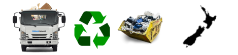 Christchurch Skip Hire — skip truck, recycling symbol, loaded skip and New Zealand